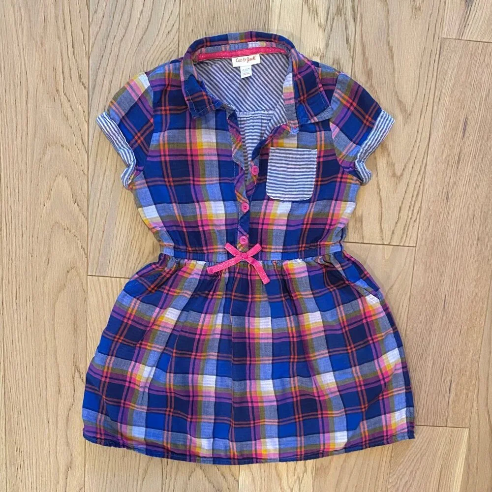 Cat & Jack Blue and Pink Plaid Cotton Short Sleeve Shirt Dress Size M (7/8) Girl